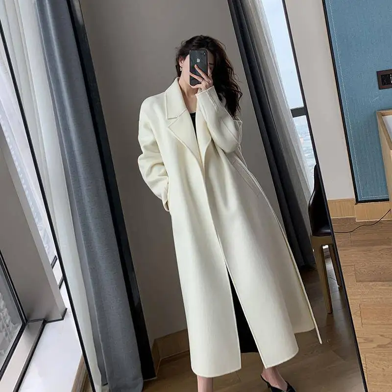 

Elegant Long White Wool Coat Women 2022 Fall Winter Double-sided Cashmere Overcoat Oversize Lacing Belt Drop Shoulder Outwear