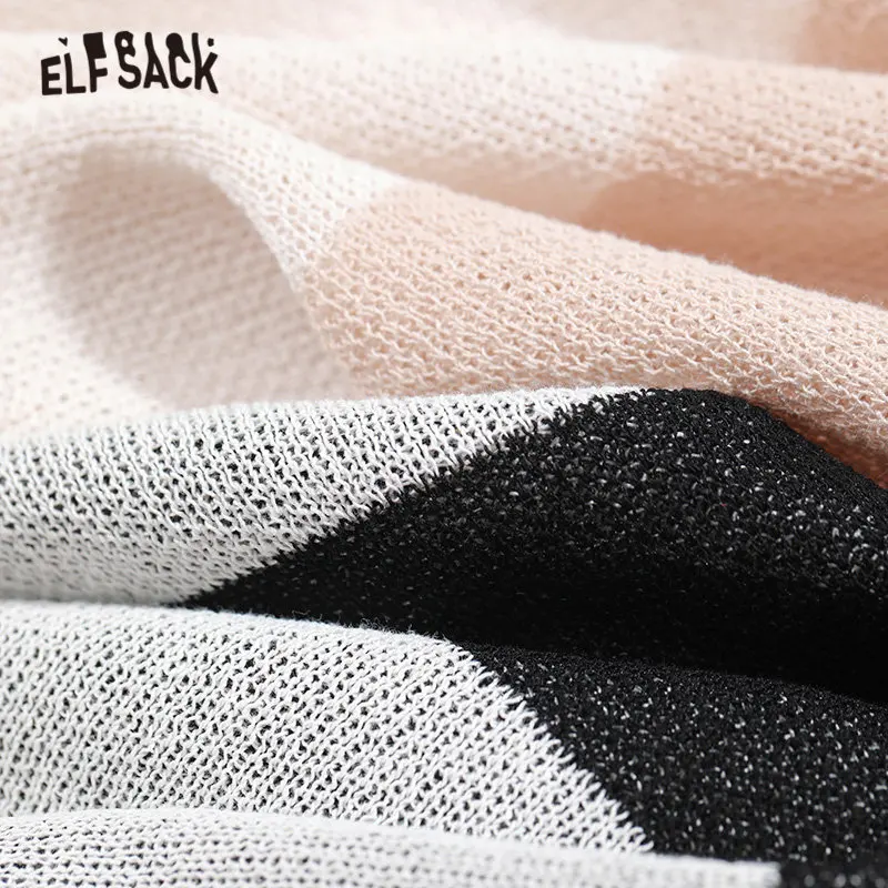 ELFSACK Apricot Striped Knit Loose Casual Pullover Sweater Women 2020 Spring Black Colorblock Korean Long Sleeve Girly Daily Top | Женская