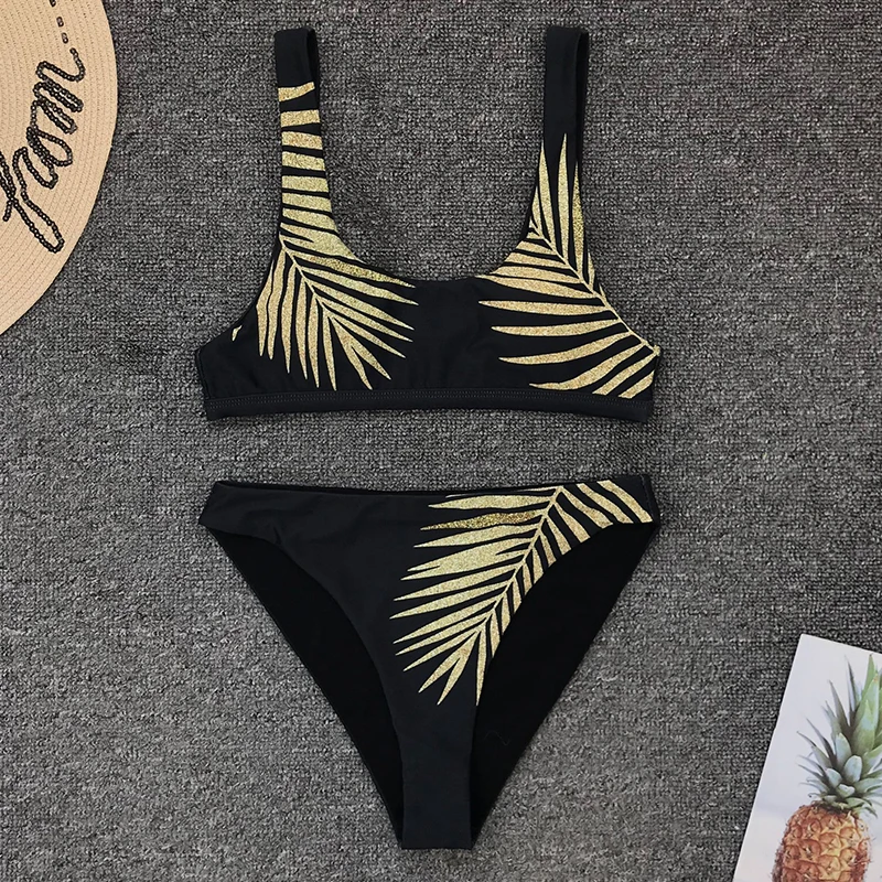 Женский купальник-бикини с эффектом пуш-ап золотистого цвета принтом листьев