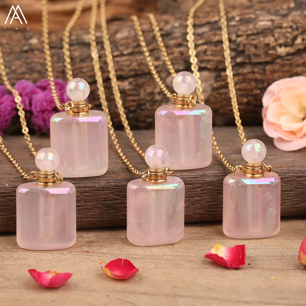 

Natural Pink Roses Quartz Rectangle Essential Oil Bottle Pendant Necklace Gold Women Aura Crystal Stone Perfume Bottle Necklace