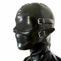 sexy black latex mask rubber full enclosure hood rubber hood with eyeshade eyes cover and mouth gags with back zipper