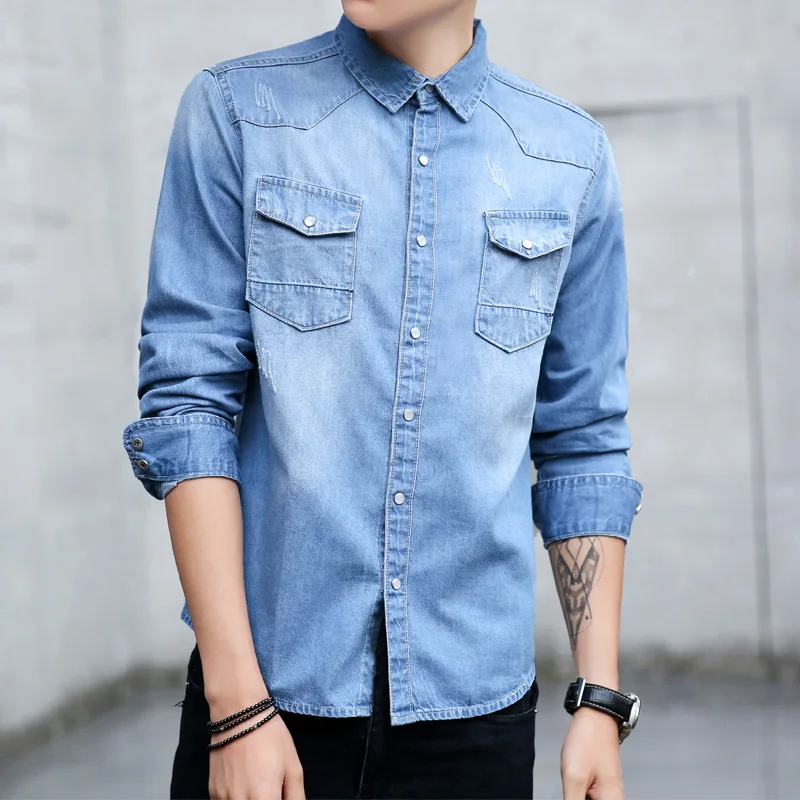 

Spring and autumn new cotton Korean version slim fit washing men's jeans Long Sleeve Shirt Youth shirt jacket batch