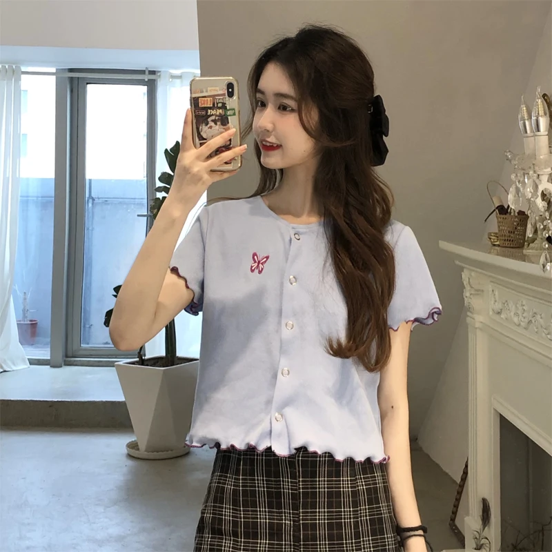 

Футболка с короткими рукавами с изображением бабочки для женщин, Ins, популярная сеть красный маленький пупок подвергается короткая верхняя ...