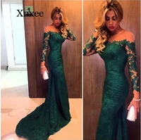 emerald green mermaid lace evening party dresses 2020 robe de soiree long sleeved formal women dress party gowns green wedding