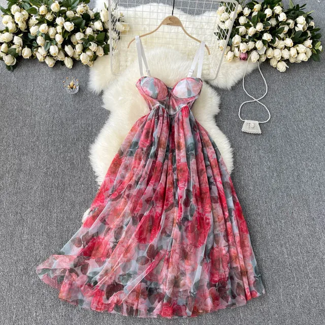 

Summer Women Dress Gauze Skirt Floral Print Evening Dress Sleeveless High Waist Spaghetti Strap Midi Banquet Dress Casual Party