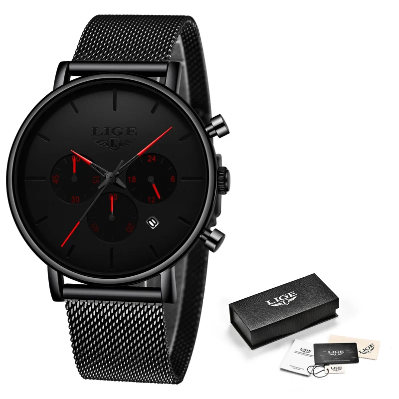 Black red LIGE новые модные часы мужские водонепроницаемые тонкие сетчатые ремешок минималистичные наручные часы для мужчин кварцевые спортивные часы Relogio Masculino - Цвет: Black red