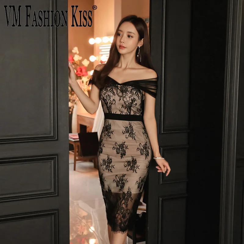 

VM FASHION KISS 2021 Early Spring One-line Collar Stitching Contrast Color Lace Base Dress European American Style Sexy Dress