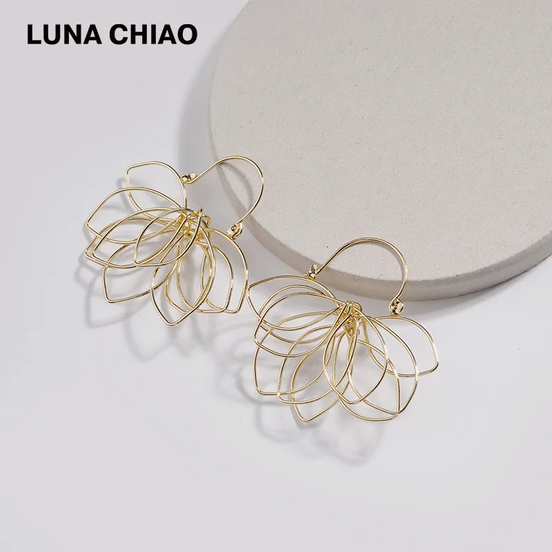 A0210 LUNA CHIAO, новинка, Brincos, бижутерия, серьги, модные, необычные, Купер, ручной работы, цветок лотоса, лепестки, висячие серьги для женщин - Окраска металла: A0210