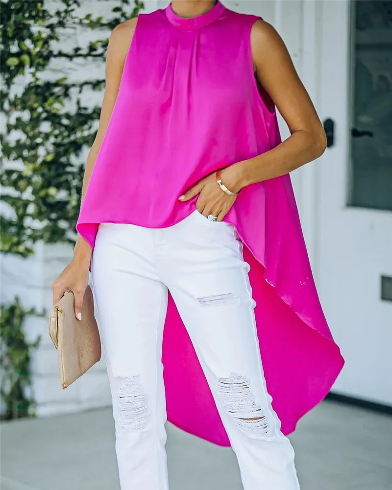 

Модная женская летняя однотонная блузка Асимметричный ажурный дизайн пуговицы Декор о-образный вырез без рукавов Свободный пуловер Топ