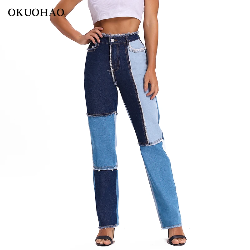 

Patchwork Jeans Women High Waist Fashion Baggy Mom Jeans Boyfriend Denim Trousers Spliced Streetwear Full Length Straight Pants