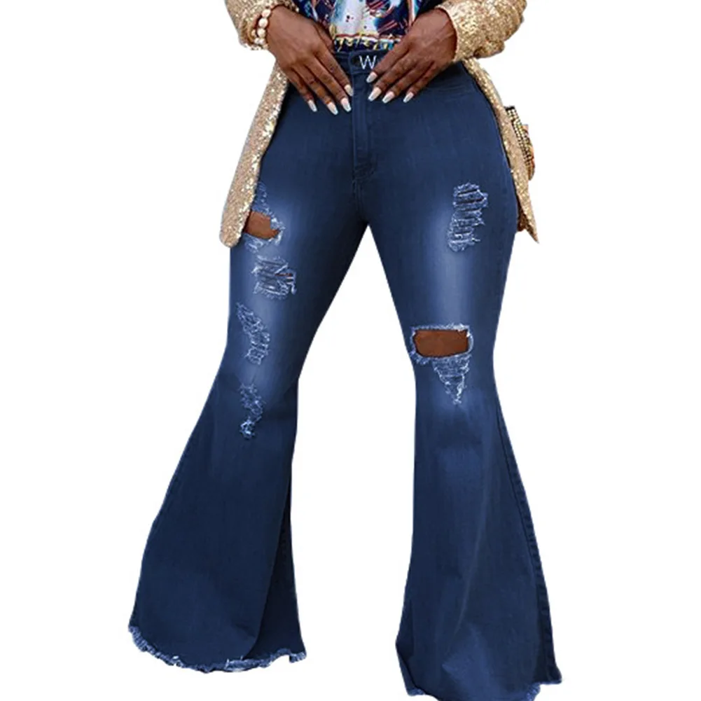 Модные Высокая Талия Брюки клёш брюки Для женщин ретро Рваные джинсы Широкие