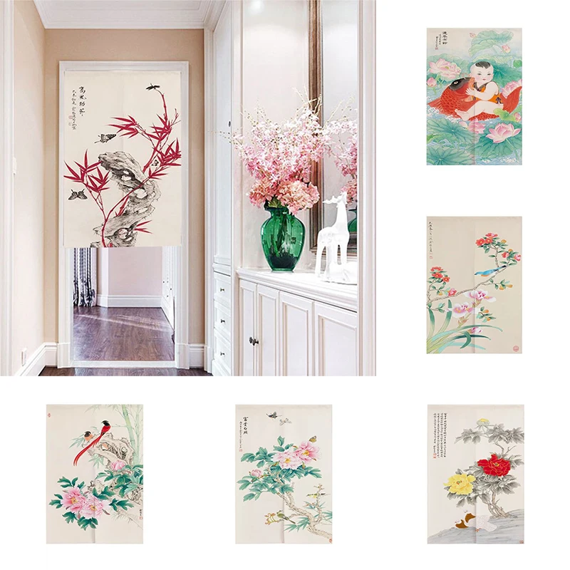 

Chinese Flower Door Curtain Kitchen Bedroom Partition Curtain Without Punching Doorway Hanging Curtain Home Decoration