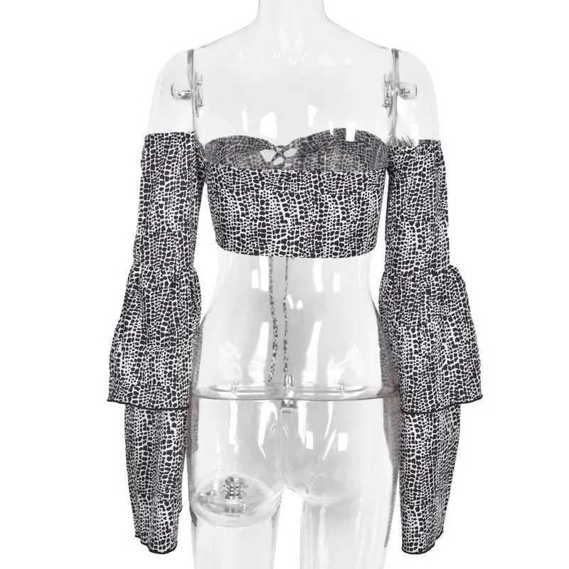 

2021 Spring and Summer Fashion One-shoulder Trumpet Sleeve Lace-up Sexy Hollow Navel Exposed Nightclub Y2k Top Women's Clothing