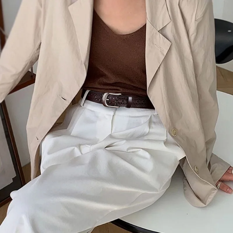 

Vintage Hollow Belts for Women Second Layer Cowskin Belt new solid Wide Pin Buckle Trouser Riem female casual Jeans Waistband