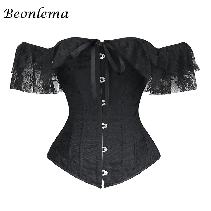 Черный Beonlema/женские сексуальные корсеты, бюстье, кружевное нижнее белье, шнуровка, Бурлеск Готический корсет, корсет с открытыми плечами, белый лиф - Цвет: Черный