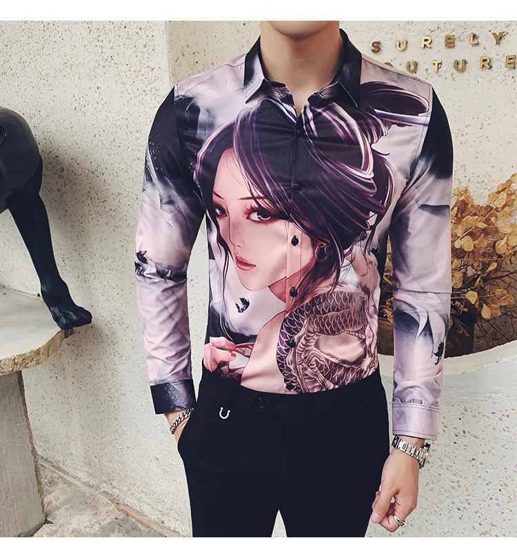 Высокое качество, Camisa Masculina, мода, мужская рубашка с длинным рукавом, красивая девушка, с принтом, тонкая рубашка, мужская рубашка для ночного клуба, смокинг, платье
