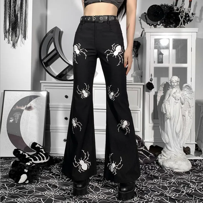 

Gothic Design Fashion Spider Print Flared Pants Women high-waist New Autumn Personality Bootcut Trousers Female штаны s1658