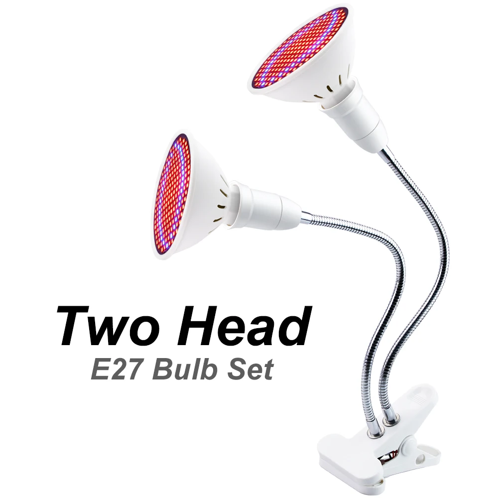 2 heads and bulb Светодиодный светильник для растений, полный спектр, светодиодный светильник для выращивания цветов, держатель для лампы, зажим для комнатных зеленых домашних гидропонов, коробка для выращивания растений, палатка для выращивания - Испускаемый цвет: 2 heads and bulb