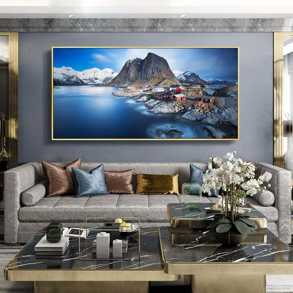 

Пейзаж картина маслом с красивыми горами, город у озера Арт холст картины гостиная коридор, в офис, для украшения дома росписи