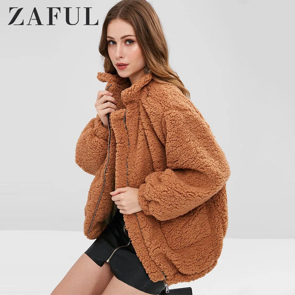 ZAFUL пальто с карманами из искусственного меха плюшевое для женщин пушистое