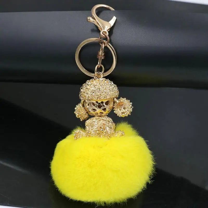 Fluffy Women Key Chains Animal Dog Pendant Real Rabbit Fur KeyChain Gold Color Cute Zircon Trinket Accessories Girl Gift | Украшения и
