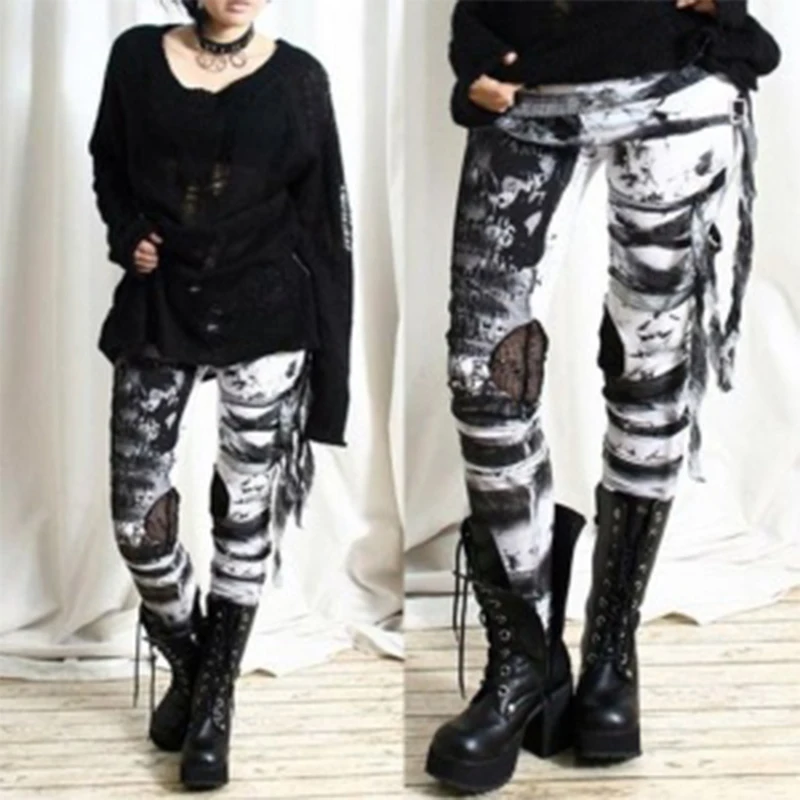 

New Goth Cool Bandage Letter Print Tie Dye Plus Size Women Leggings Casual Trousers Ultra Gathered Pants Gothic Distressed Punk