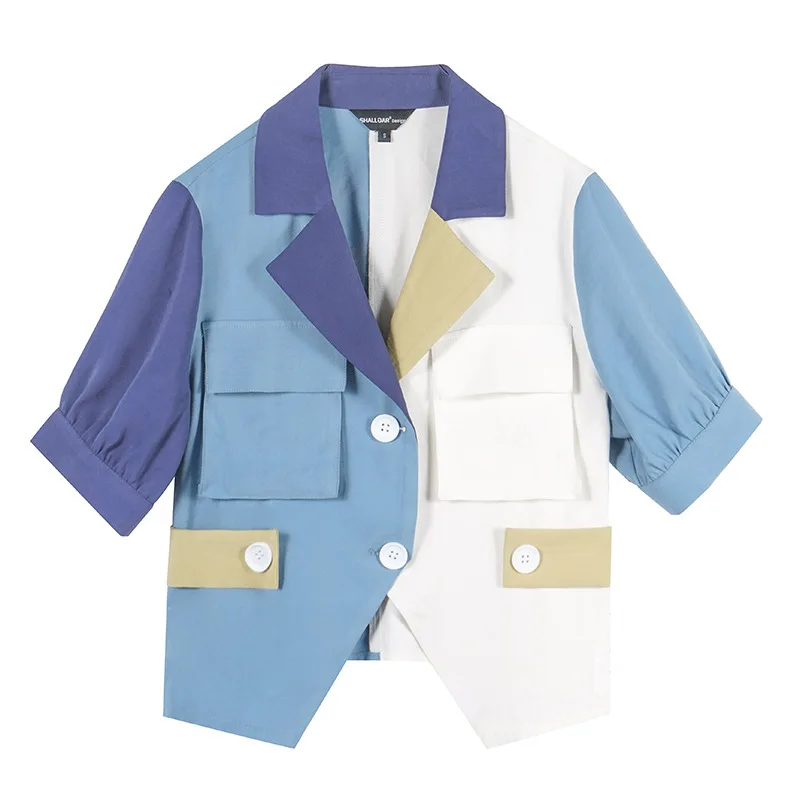 

LANMREM Women Patchwork Big Size Blouse Lapel Short Sleeve Loose Fit Lady Shirt Fashion Tide Summer 2021 New Arrivals 2E1834