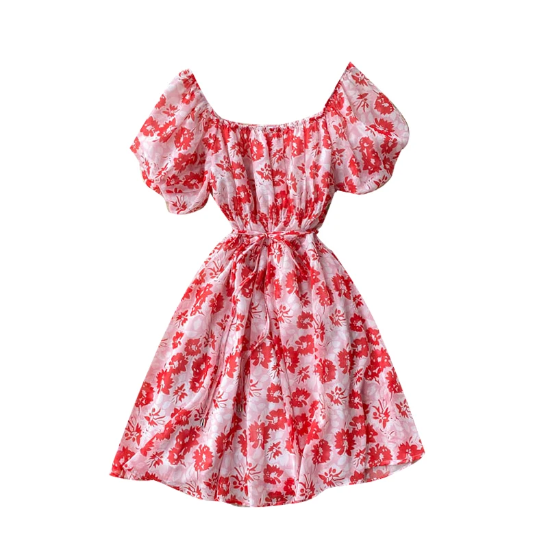

2021 New Fashion Summer French First Love Vestidos Women's Dress with Square Neck Puff Sleeve Slim Printed Mini Dress GK576