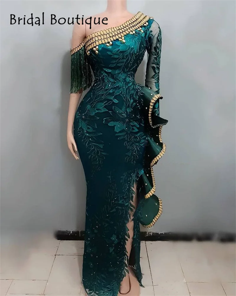 

Green Lace Beade Aso Ebi Evening Dresses One Shoulder Side Split Meramid South African Style Long Formal Prom Gowns