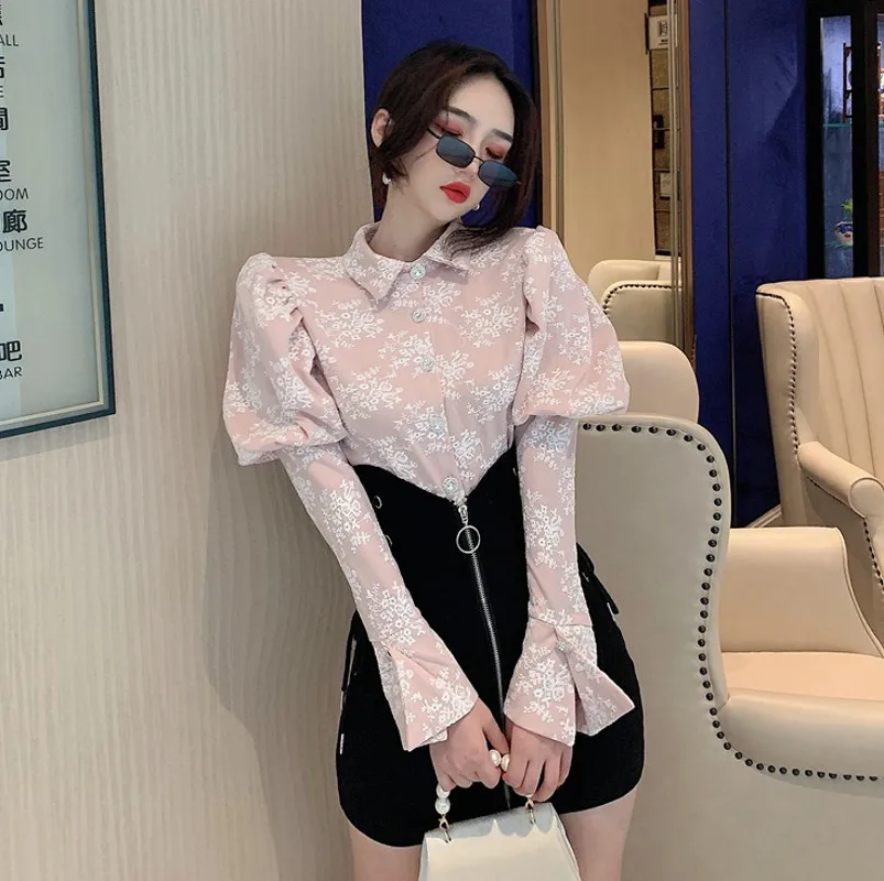 

LLZACOOSH New Korea 2021 Spring Autumn Women Pink White Jacquard Puff Sleeves Shirt Office Lady Blouse Female Casual Top