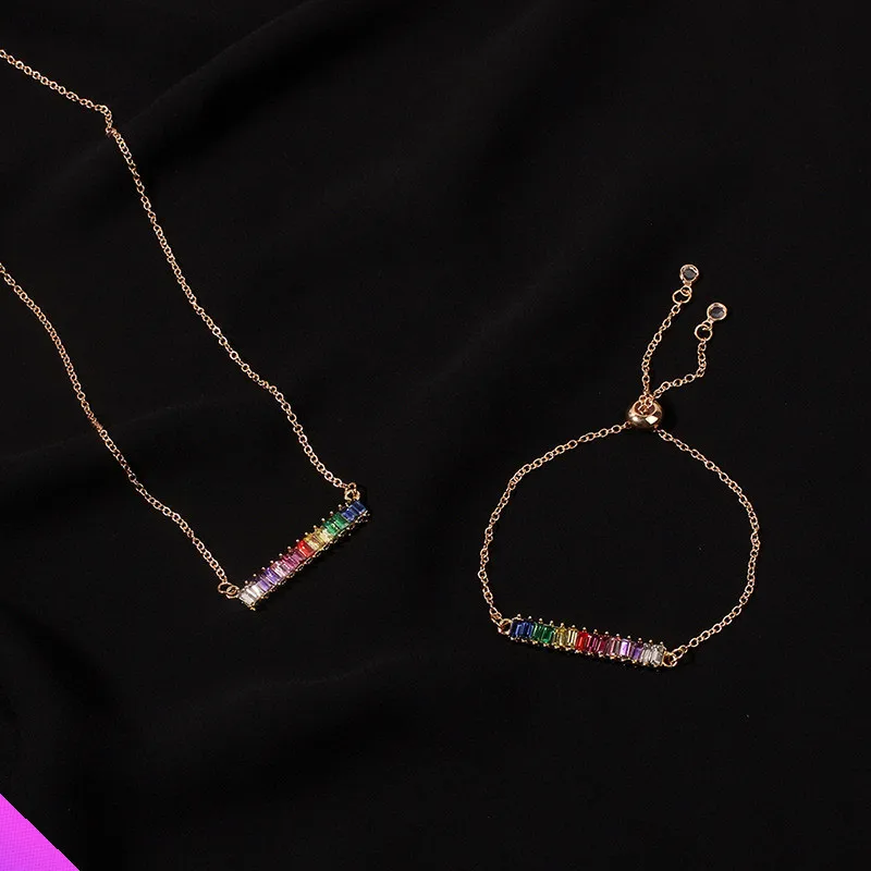 

Wholesale 5 Rainbow Rhinestone Bracelet Necklace Set Fashion Sweet Romantic Girl Jewelry Gift Summer 2021