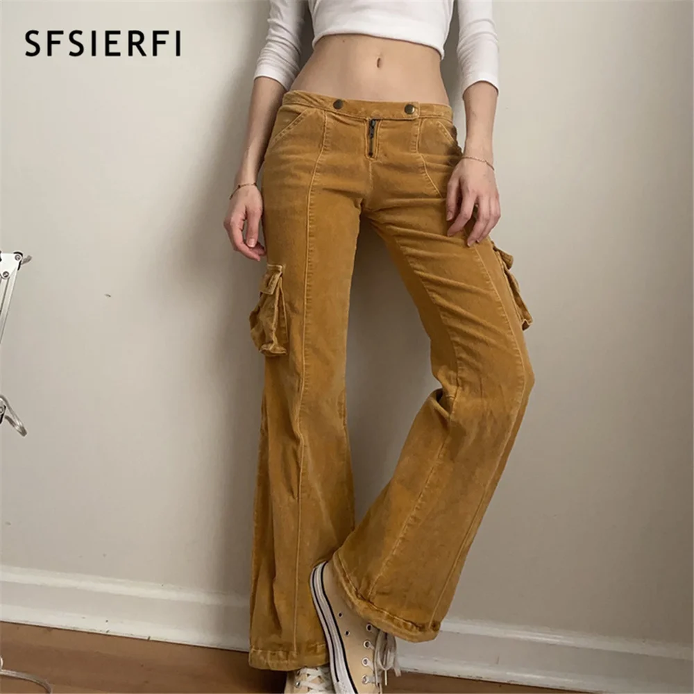 

SFSIERFI Vintage Cargo Pants Women Streetwear Low Waist y2K Straight Wide Leg Pants New Aesthetic 90s Overalls Pocket Trousers