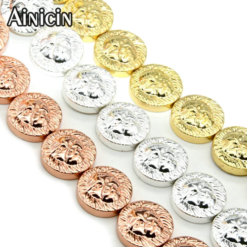 

New Arrival Loin Head Round Coin Shape Hematite Strand Loose Beads Rose Gold Silver Plating 12mm DIy Jewelry Making Findings