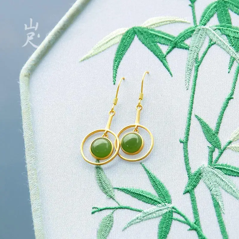 

Wanling Natural Hetian Jade Chinese Style Earrings S925 Sterling Silver Jade Eardrops Classical Elegant Court Style Earrings