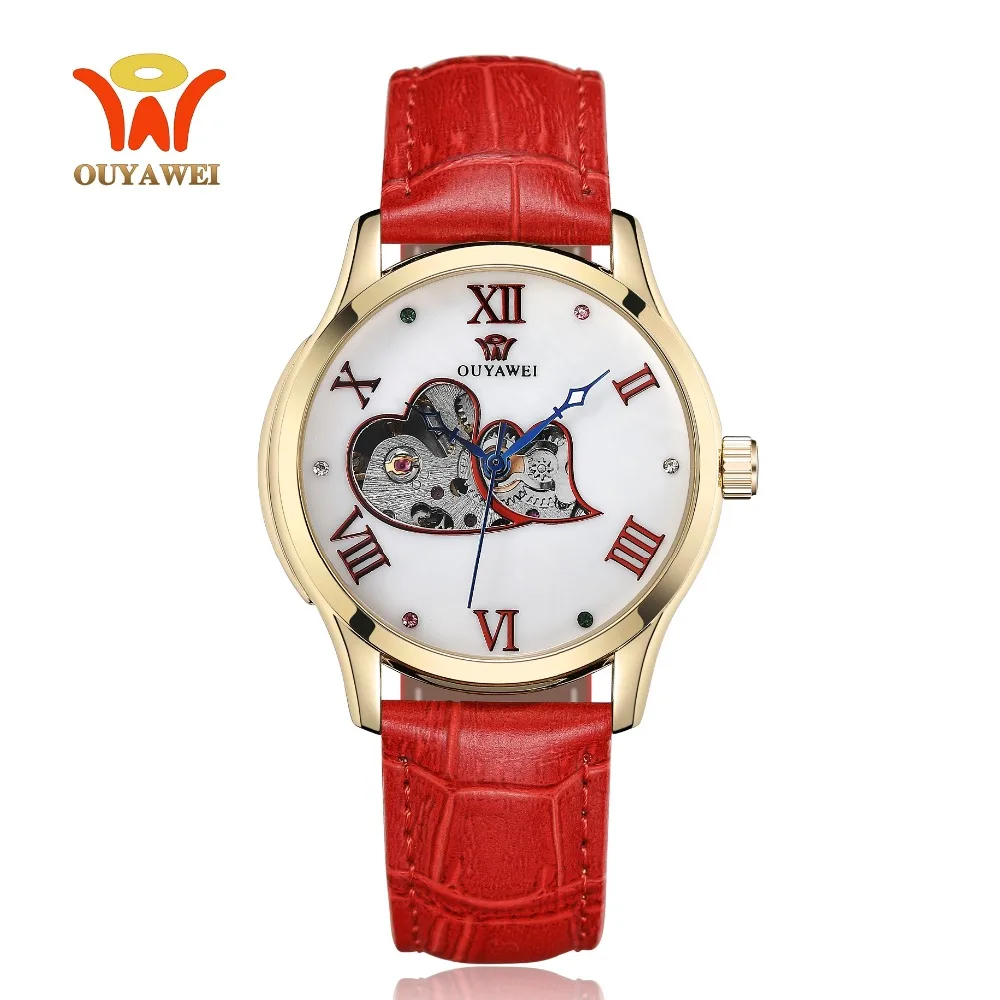 Новинка OUYAWEI модные роскошные Брендовые Часы красный кожаный ремешок