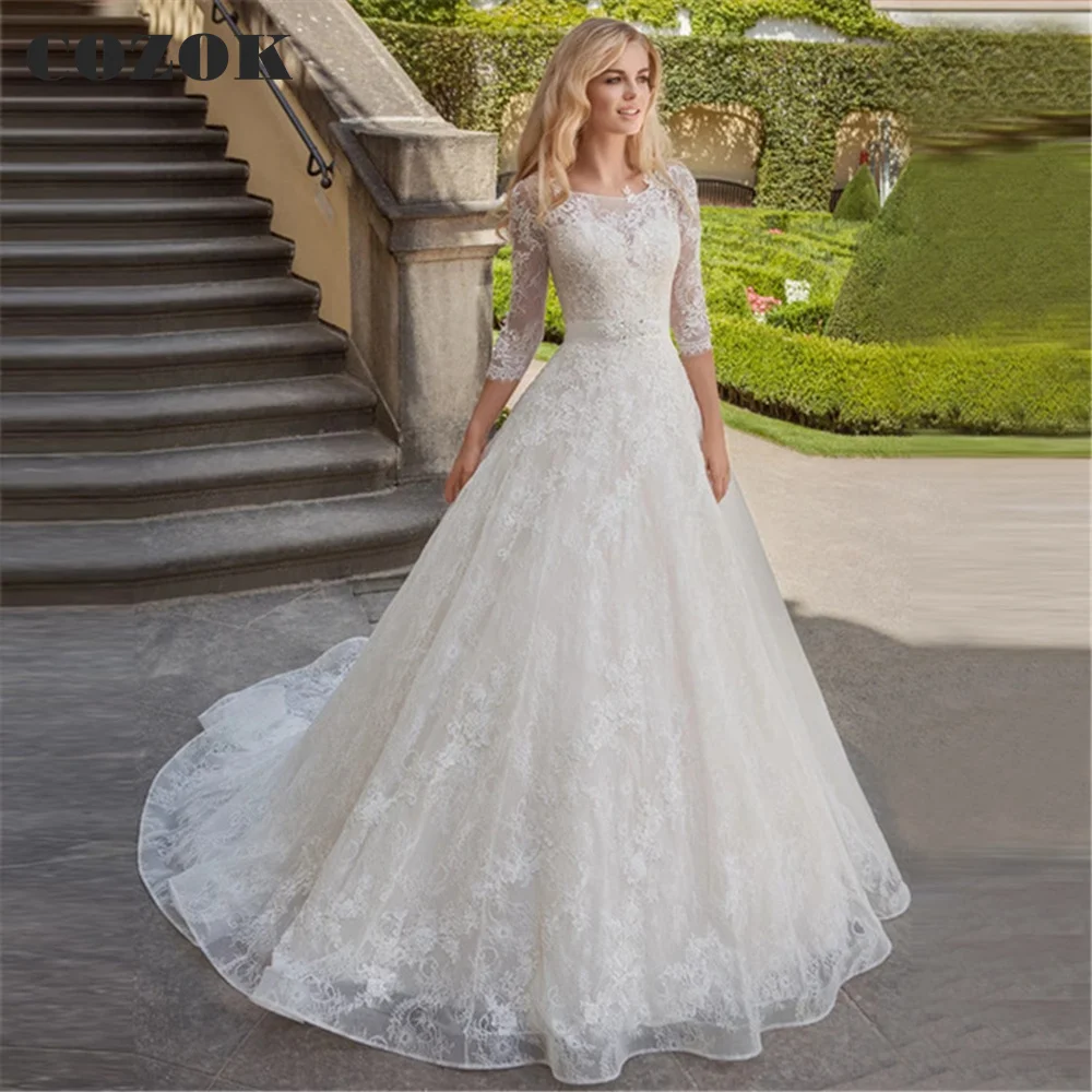 

Ball Gown 3 4 Sleeve Wedding Dress Lace Appliques Tulle Long Formal Elegant Bride Wedding Gowns Custom Size CZ22