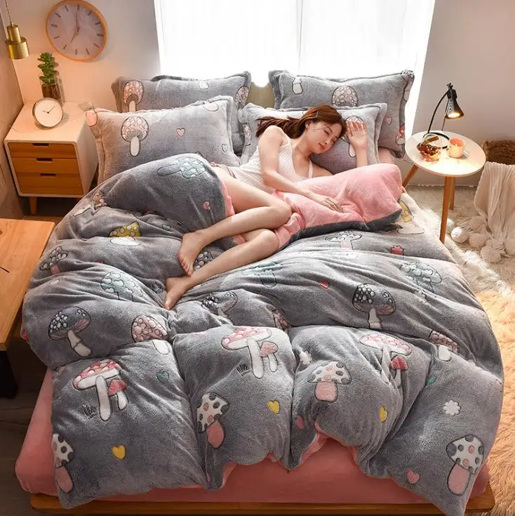 D Winter Flannel Fleece duvet cover single Comforter cover Home textile 1pc cartoon Solid warm quilt cover Velvet bedcover - Цвет: D