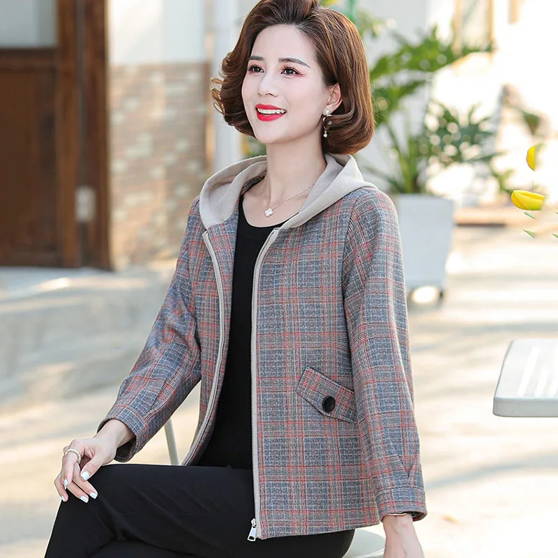 2021 New Spring Autumn Plaid Women's Jacket Middle-Aged Elderly Mothers Woolen Coat Elegant Casual Short Windbreaker Outerwear | Женская