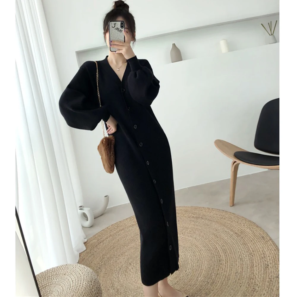 

YUANYUANJYCO Autumn Women Mid-Calf Length Casual Knitted Dress LLYQ59 Button Straigth V-neck Puff Long Sleeve Woman Dresses