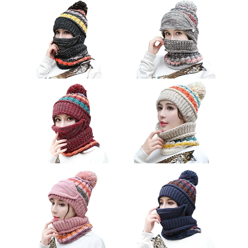 

New Brand Ski Cap Wool Fur Lining Ball Cap Pompom Winter Hat For Women Girls Warm Knitted Scarf Hat