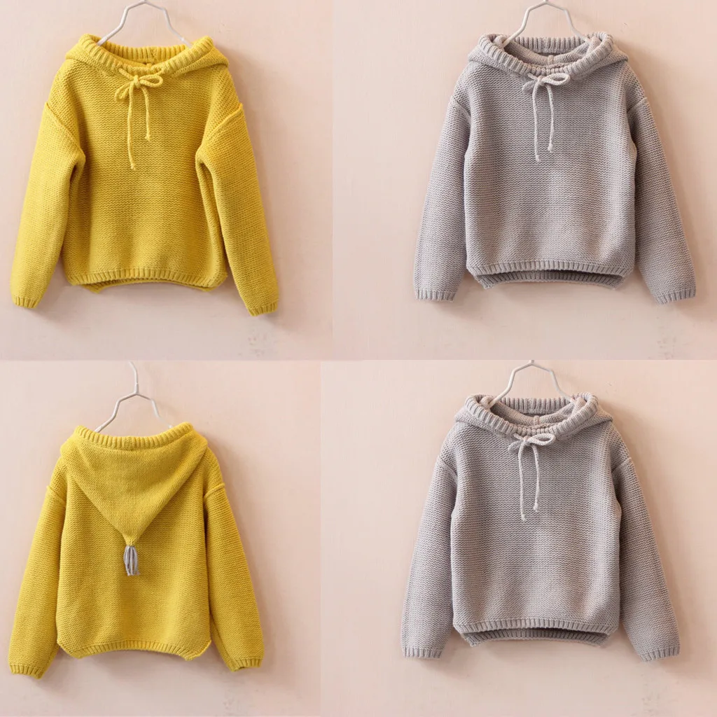 Однотонный свитер с капюшоном для маленьких девочек, вязаная верхняя одежда, наряд для маленьких девочек, зимняя одежда, детские свитера, pull fille