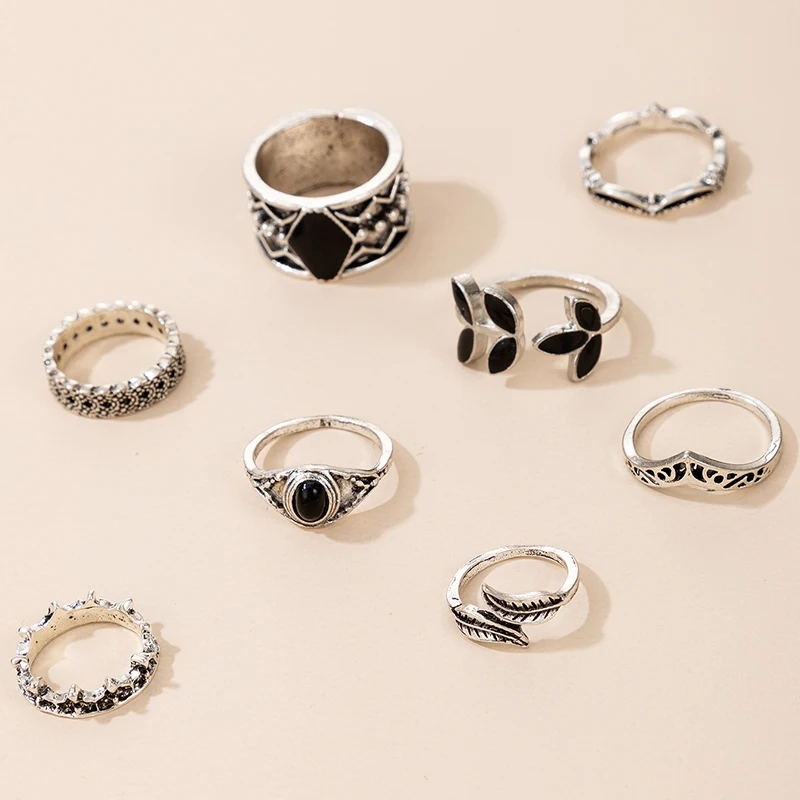Tocona 8pcs/sets Vintage Silver Color Leaf Joint Ring Sets for Women Trendy Black Rhinestone Geometric Bohemian Jewelry 16421 - купить по