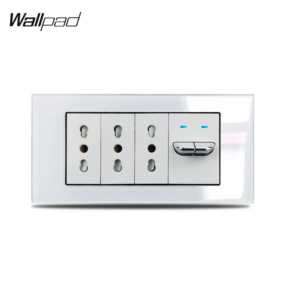 153*75 мм тумблер 2 переключателя и 3 итальянских гнезда Wallpad L3 белая стеклянная