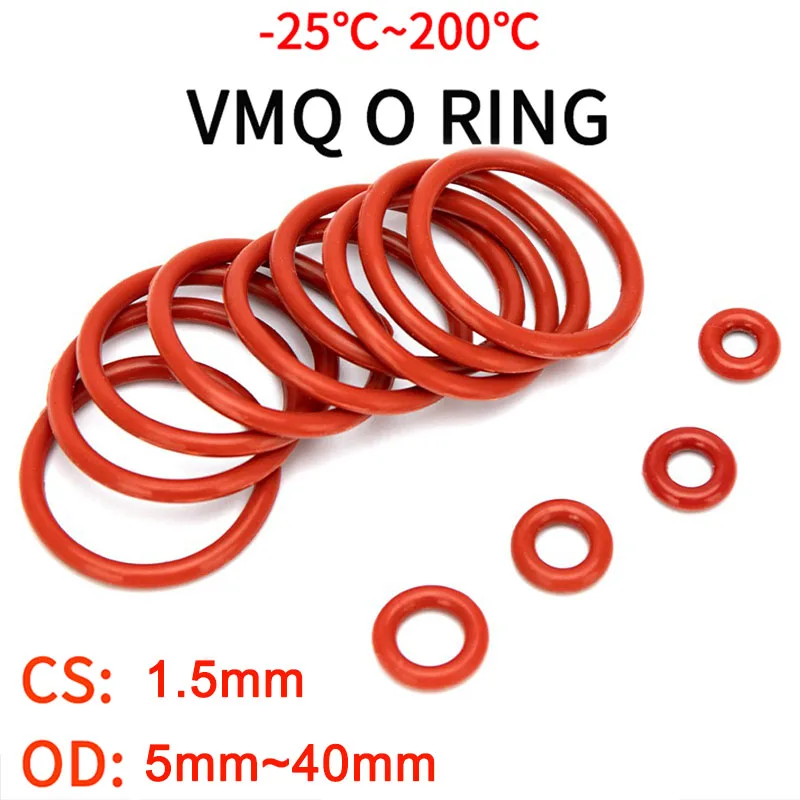 

20pcs VMQ O Ring Seal Gasket Thickness CS 1.5mm OD 5 ~ 40mm Silicone Rubber Insulated Waterproof Washer Round Shape Nontoxi Red