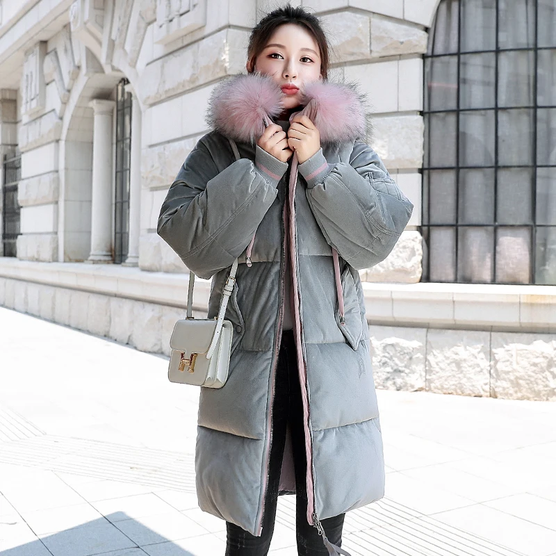 2019 Новое поступление Зимняя женская куртка с капюшоном мехом Вельветовая Модная