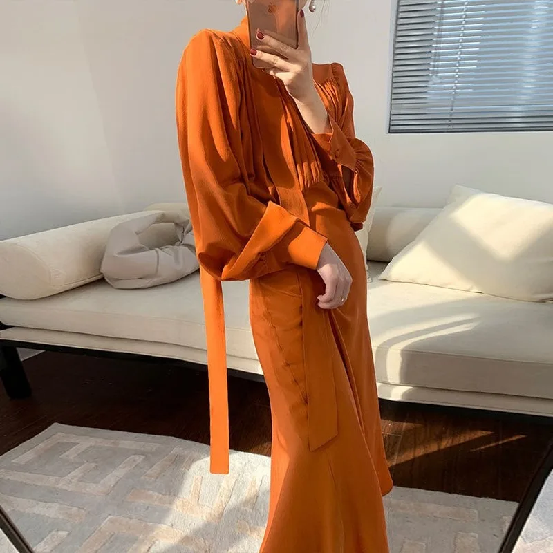 Однотонное элегантное дизайнерское платье женское осеннее платье-миди в стиле