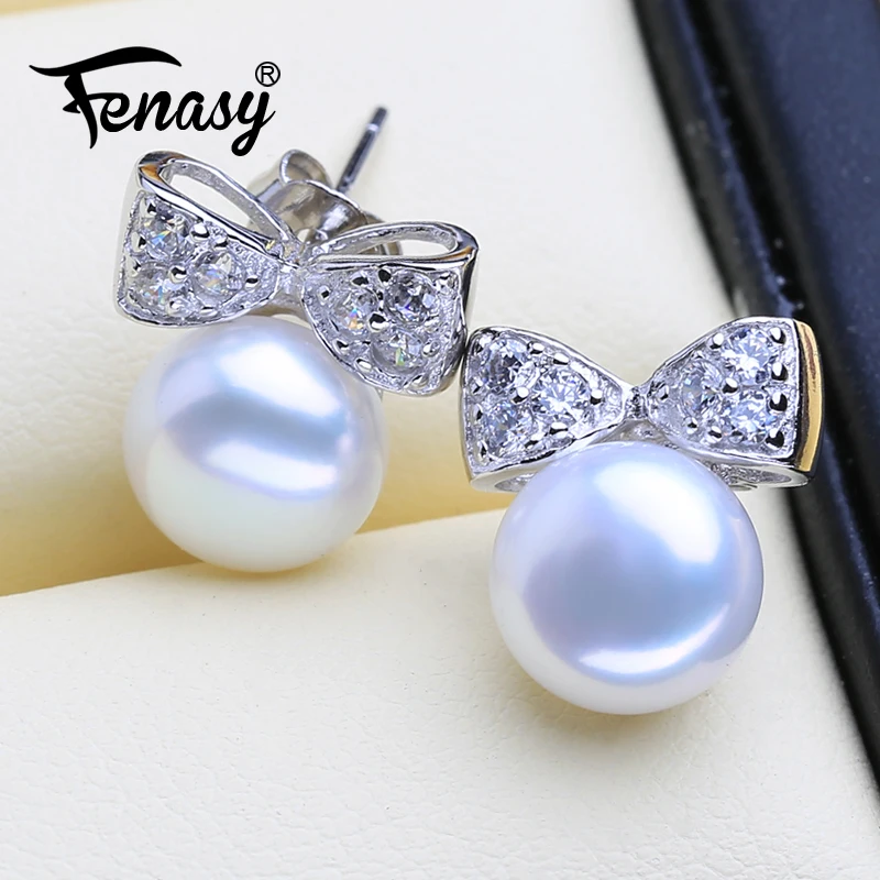 FENASY, серьги с натуральным жемчугом для женщин, специальный дизайн, 925 пробы, серебро, модные вечерние серьги-гвоздики с бантом
