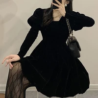 2021 spring vintage mini dress women puffer sleeve slim elegant black one piece dress korean velvet sweet evening party dresses