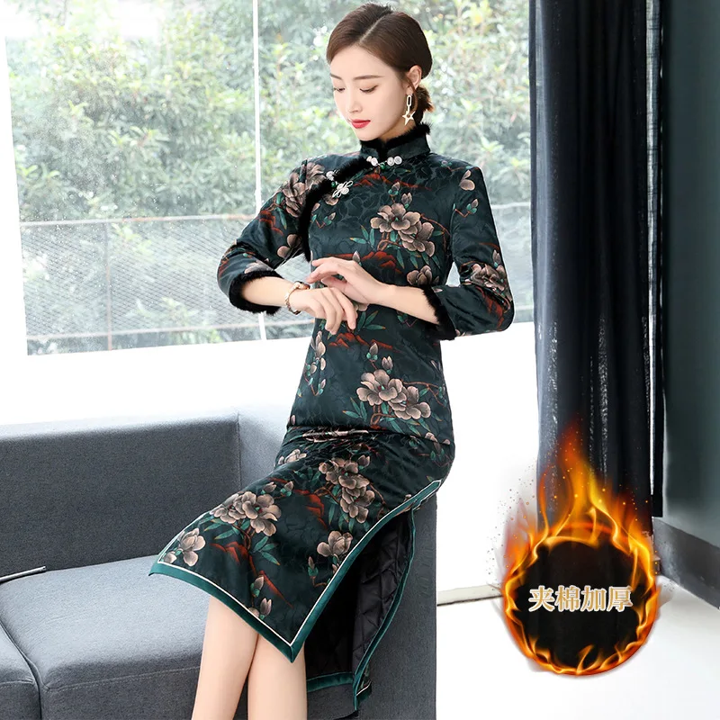 Винтажное хлопковое теплое китайское женское жаккардовое платье cheongsam Осень и зима Новинка