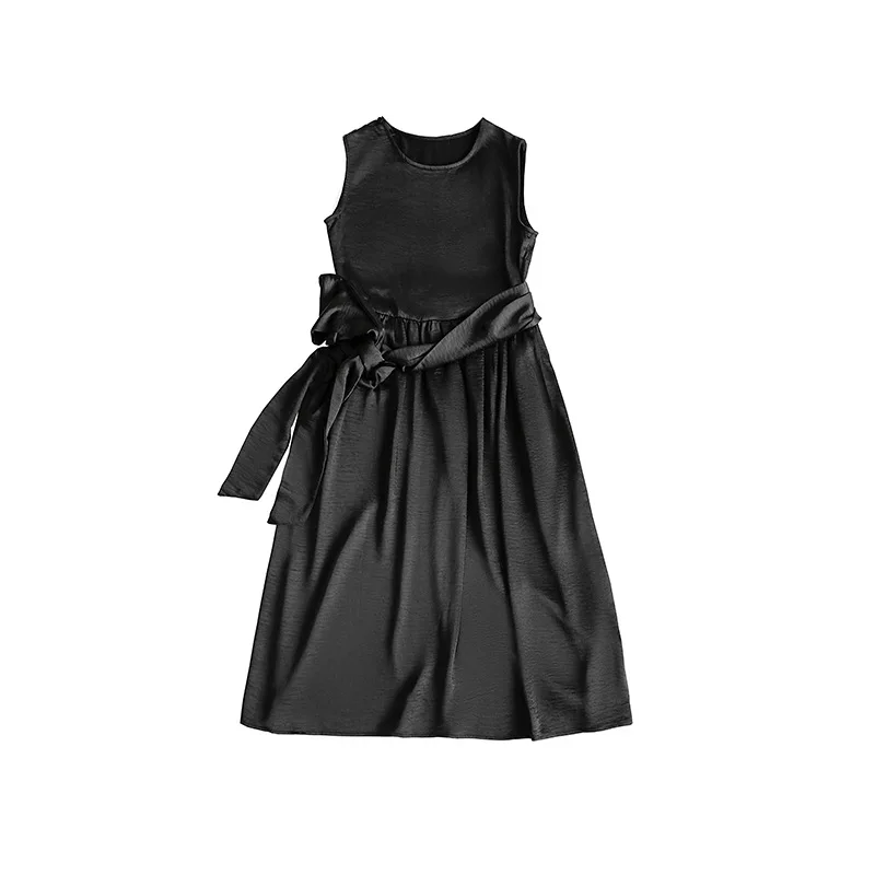 

Chohill-iFashion Store Summer Women Dress Black Long Dress Sleeveless Belt Bow Silk Satin Dress Black Bandage Dress Oversize